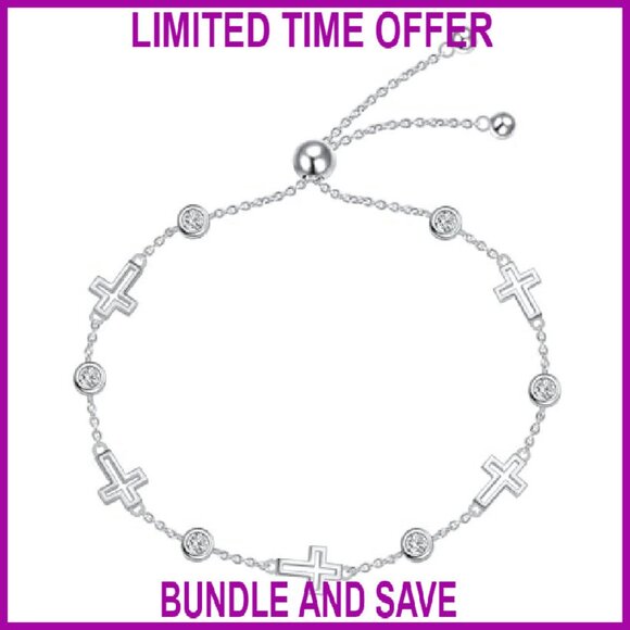 Sterling Silver Adjustable Cross Bracelet with Zirconia Stones - Picture 2 of 8